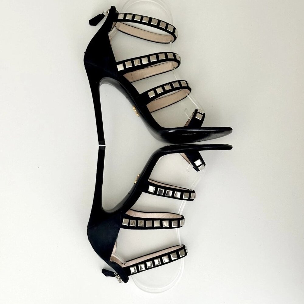 PRADA Black Suede Silver Studded Strappy Sandals Heels Size 38.5 (US 8.5) - Picture 4 of 11